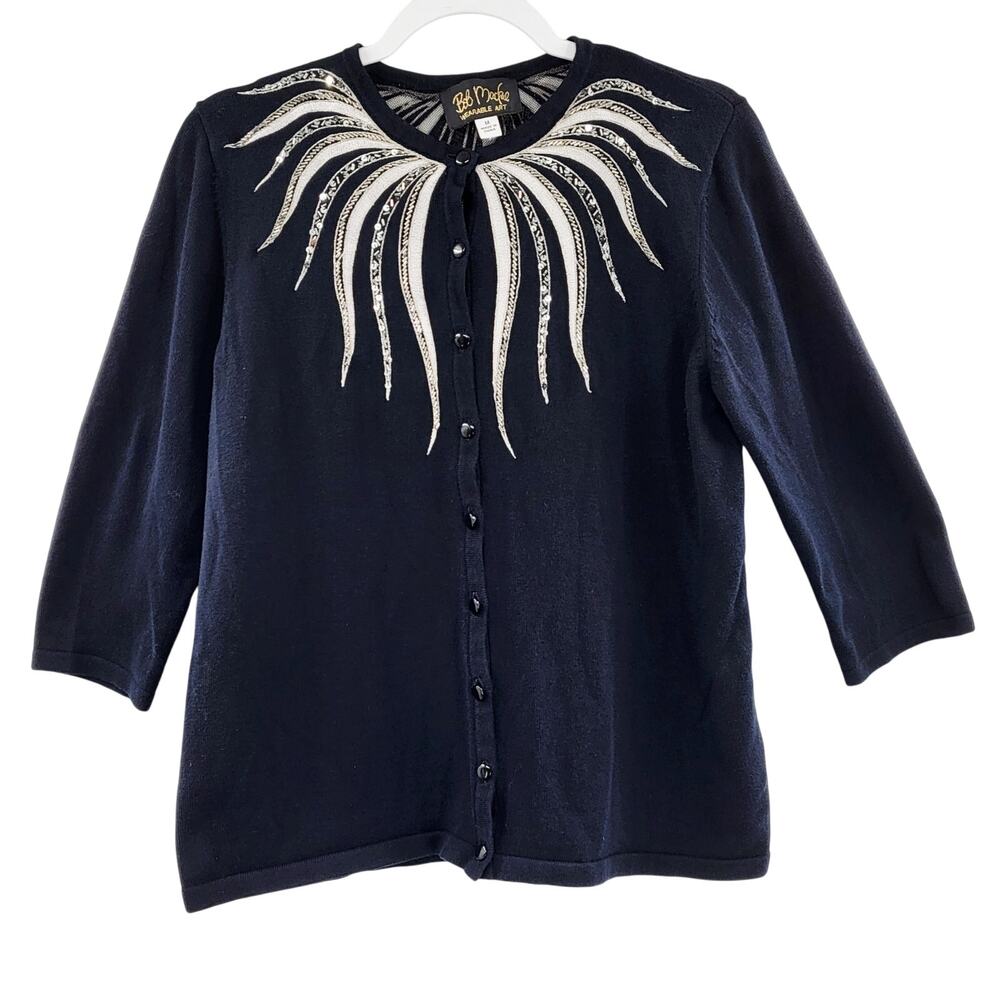 Vtg Bob Mackie Wearable Art Embellished Sequin Black Knit Cardigan Women’s Sz M